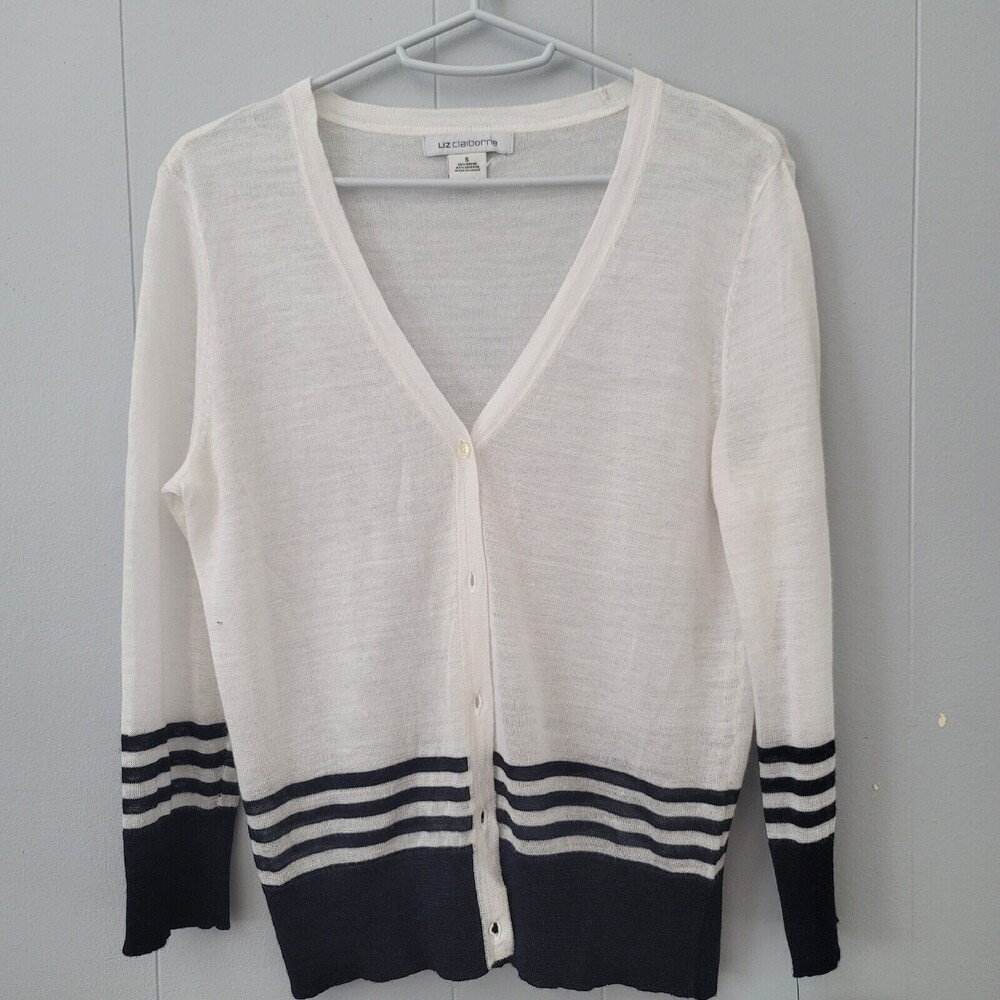Liz Claiborne Women's Cardigan Sweater Size S White Blue Stripes Trim NWT